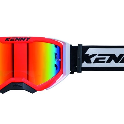 Profesjonalne gogle motocyklowe Kenny Racing Performance EVO 2 w kolorze neonowym czerwonym z lustrzaną soczewką.